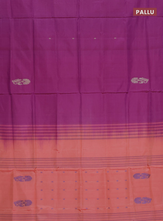 Banana pith saree purple and peach orange with thread woven buttas in borderless style
