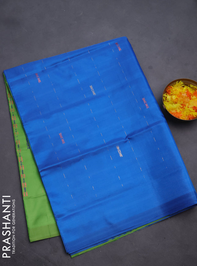 Banana pith saree blue and light green with allover thread woven butta weaves in borderless style