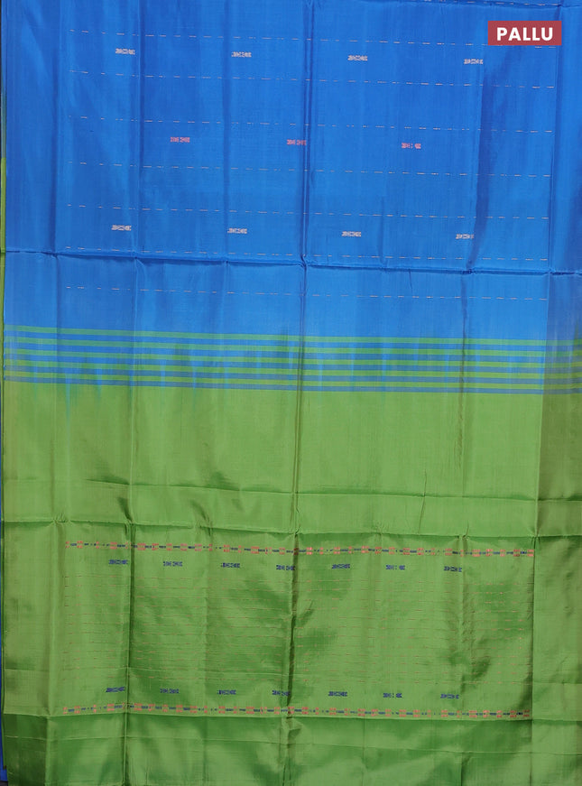 Banana pith saree blue and light green with allover thread woven butta weaves in borderless style