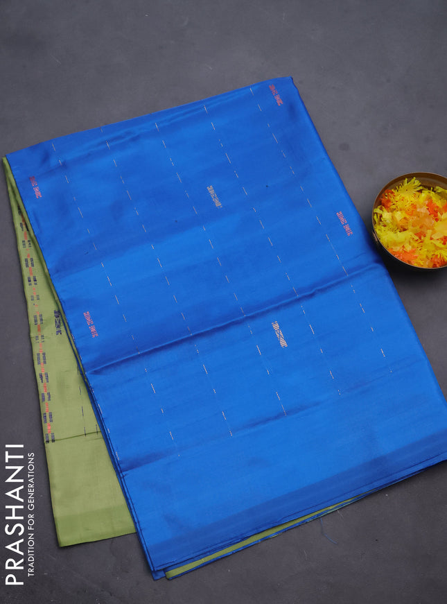 Banana pith saree cs blue and pista green with allover thread woven butta weaves in borderless style