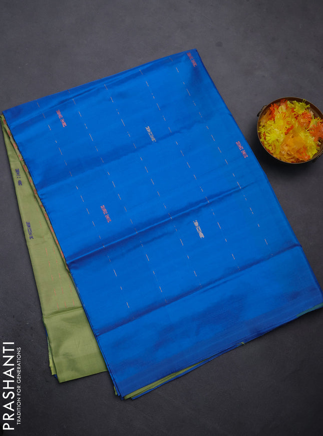 Banana pith saree cs blue and pista green with allover thread woven butta weaves in borderless style