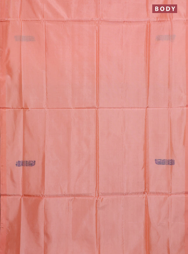 Banana pith saree peach orange and light green with thread woven buttas in borderless style