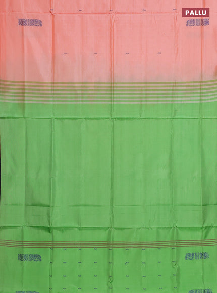 Banana pith saree peach orange and light green with thread woven buttas in borderless style