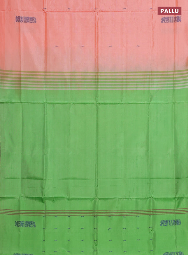 Banana pith saree peach orange and light green with thread woven buttas in borderless style