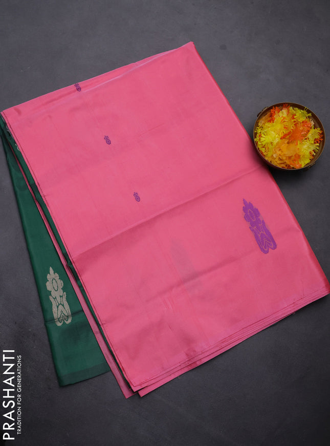 Banana pith saree light pink and green with thread woven buttas in borderless style