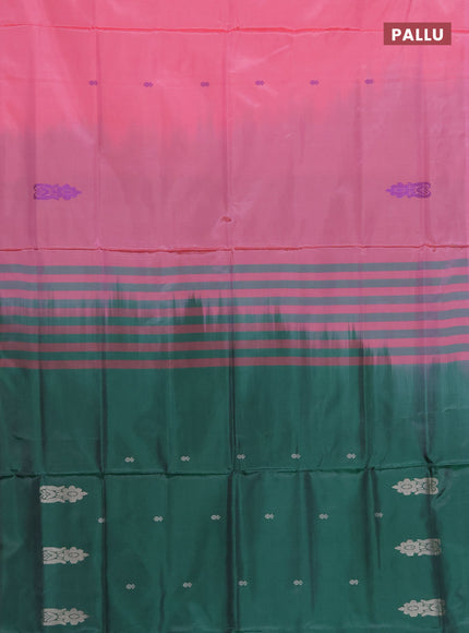 Banana pith saree light pink and green with thread woven buttas in borderless style