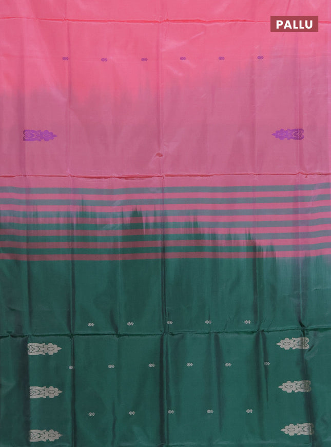 Banana pith saree light pink and green with thread woven buttas in borderless style