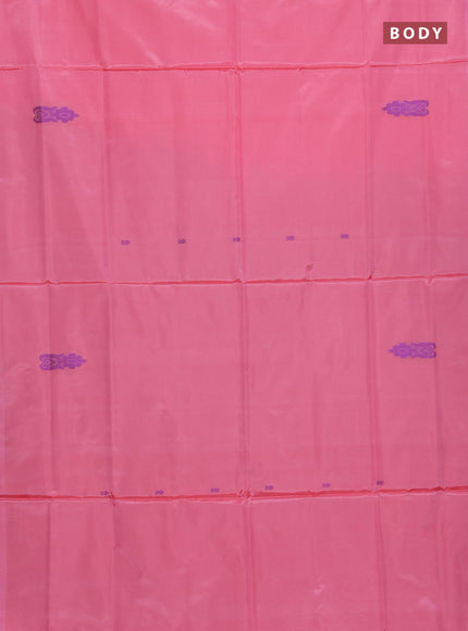 Banana pith saree peach pink and sap green with thread woven buttas in borderless style