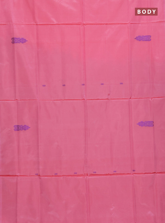 Banana pith saree peach pink and sap green with thread woven buttas in borderless style