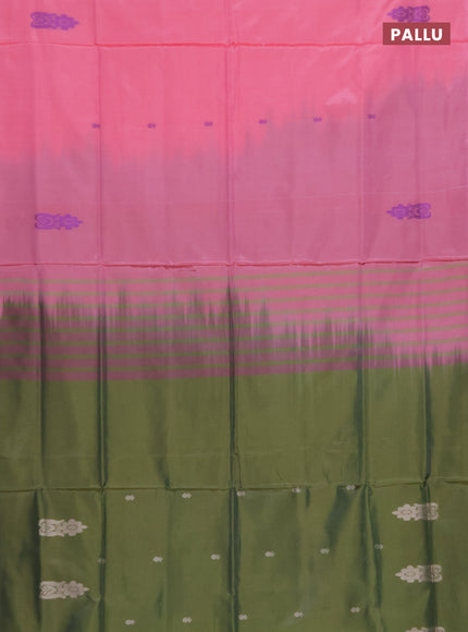 Banana pith saree peach pink and sap green with thread woven buttas in borderless style