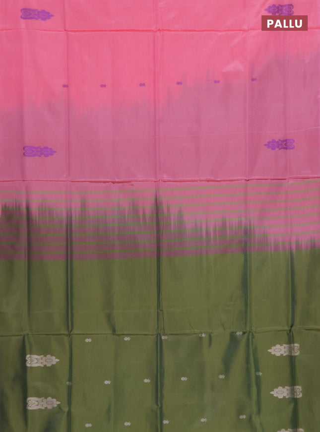 Banana pith saree peach pink and sap green with thread woven buttas in borderless style