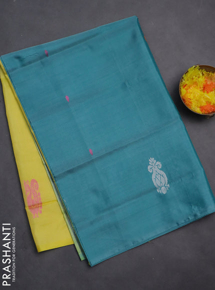 Banana pith saree teal blue and pale yellow with thread woven buttas in borderless style