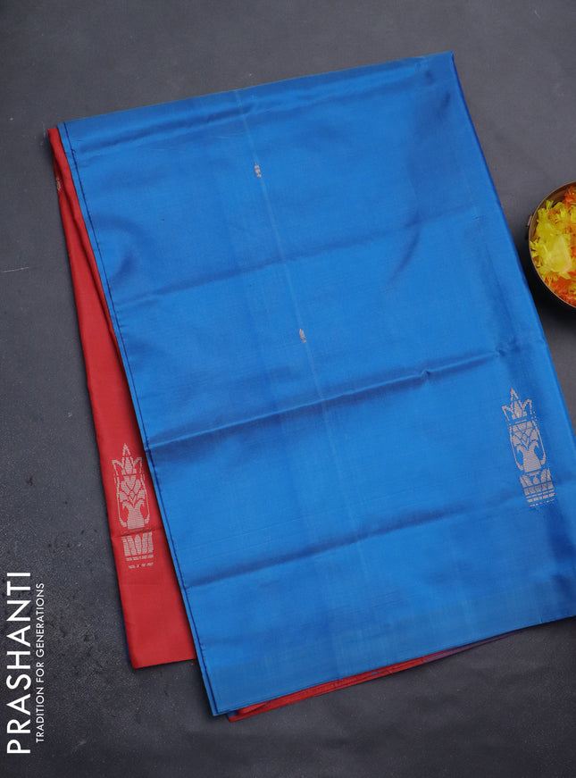 Banana pith saree blue and red with thread woven buttas in borderless style