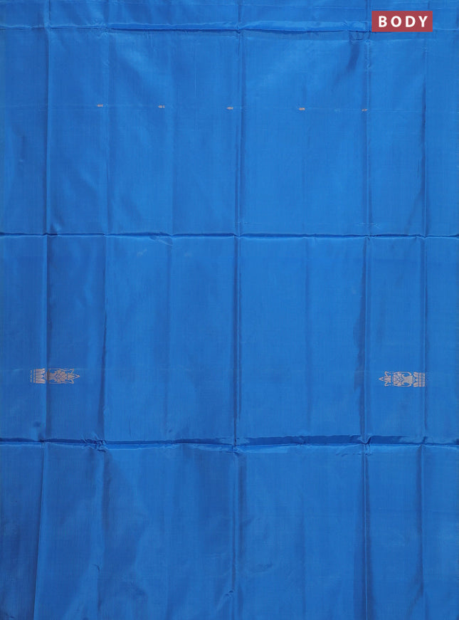 Banana pith saree blue and red with thread woven buttas in borderless style