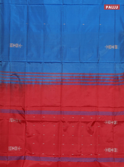 Banana pith saree blue and red with thread woven buttas in borderless style