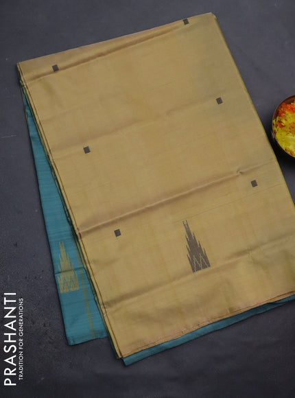 Banana pith saree pale yellow and teal green shade with thread woven buttas in borderless style