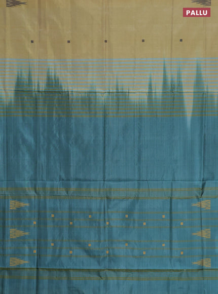 Banana pith saree pale yellow and teal green shade with thread woven buttas in borderless style