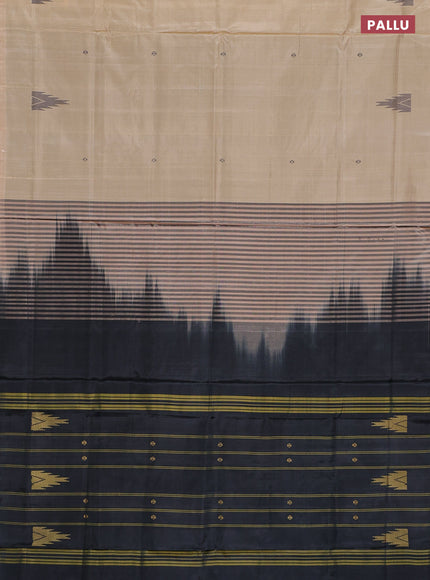 Banana pith saree sandal and black with thread woven buttas in borderless style