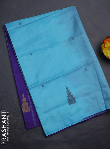 Banana pith saree light blue and violet with thread woven buttas in borderless style