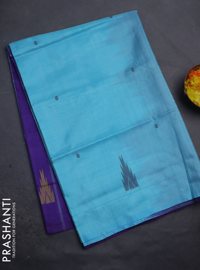 Banana pith saree light blue and violet with thread woven buttas in borderless style