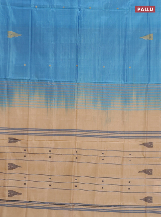 Banana pith saree cs blue and sandal with thread woven buttas in borderless style