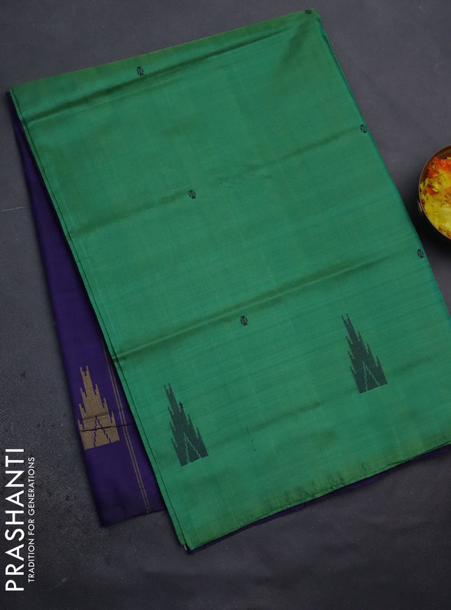 Banana pith saree green and blue with thread woven buttas in borderless style