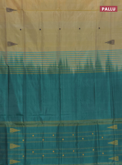 Banana pith saree sandal and teal green with thread woven buttas in borderless style