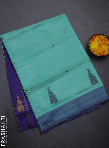 Banana pith saree teal green shade and violet with thread woven buttas and contrast border