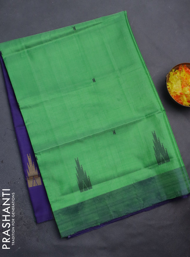 Banana pith saree light green and blue with thread woven buttas and contrast border