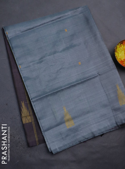 Banana pith saree grey and deep jamun with thread woven buttas in borderless style