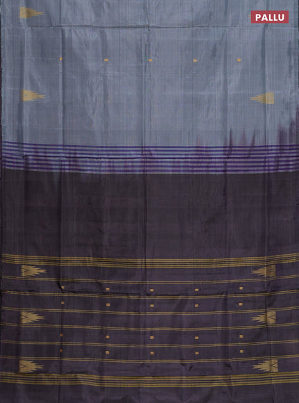 Banana pith saree grey and deep jamun with thread woven buttas in borderless style