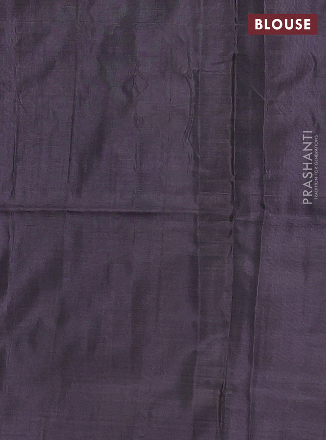 Banana pith saree grey and deep jamun with thread woven buttas in borderless style