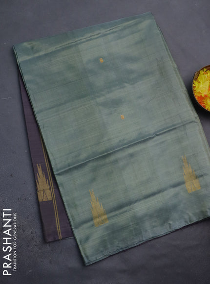 Banana pith saree greyish green and deep jamun shade with thread woven buttas in borderless style