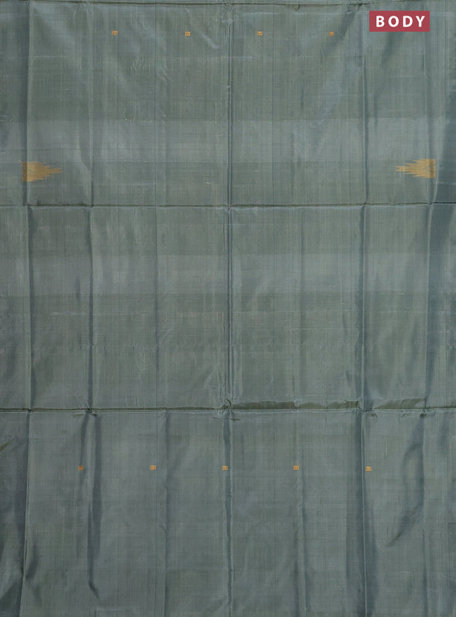 Banana pith saree greyish green and deep jamun shade with thread woven buttas in borderless style