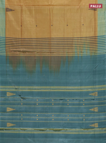 Banana pith saree mustard yellow and peacock green with thread woven buttas and contrast border