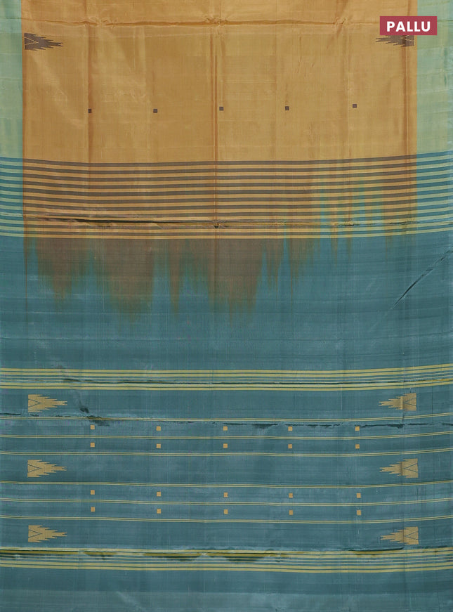 Banana pith saree mustard yellow and peacock green with thread woven buttas and contrast border