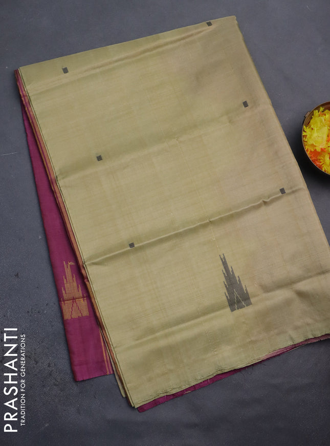 Banana pith saree sandal and dark magenta pink with thread woven buttas in borderless style