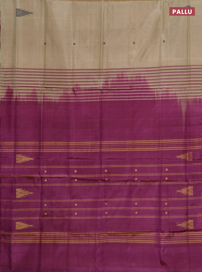 Banana pith saree sandal and dark magenta pink with thread woven buttas in borderless style