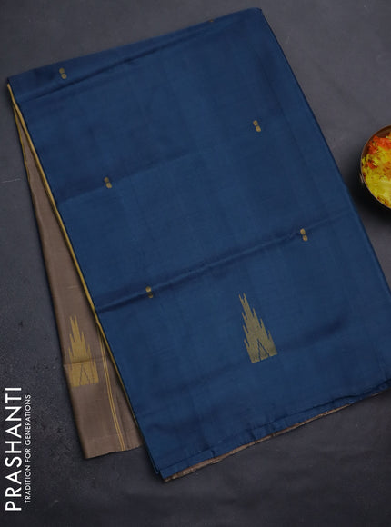 Banana pith saree peacock blue and beige with thread woven buttas in borderless style