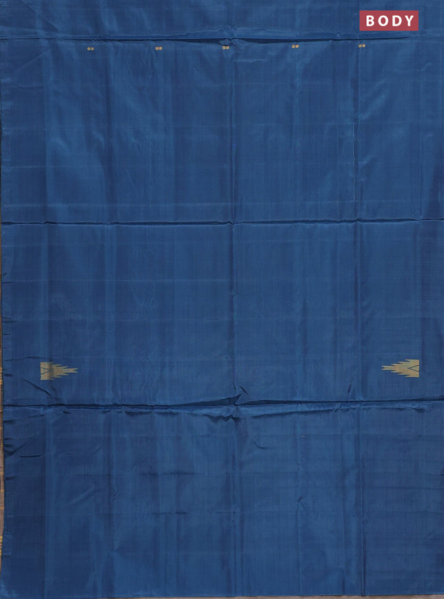 Banana pith saree peacock blue and beige with thread woven buttas in borderless style