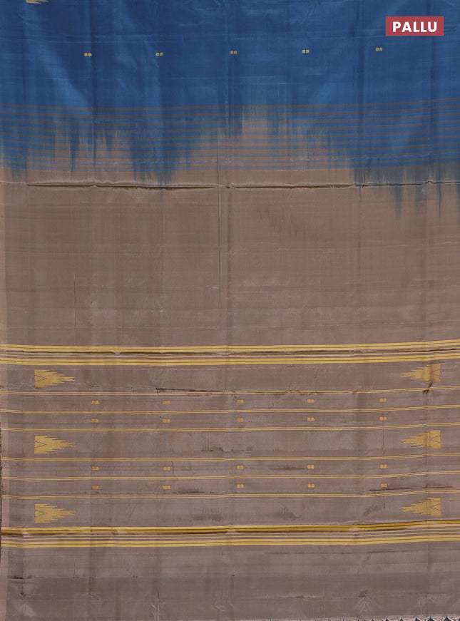 Banana pith saree peacock blue and beige with thread woven buttas in borderless style