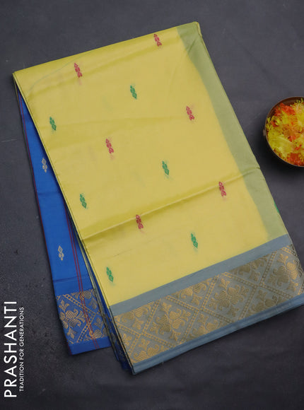Banana pith saree pale yellow and cs blue with thread woven buttas and zari woven border