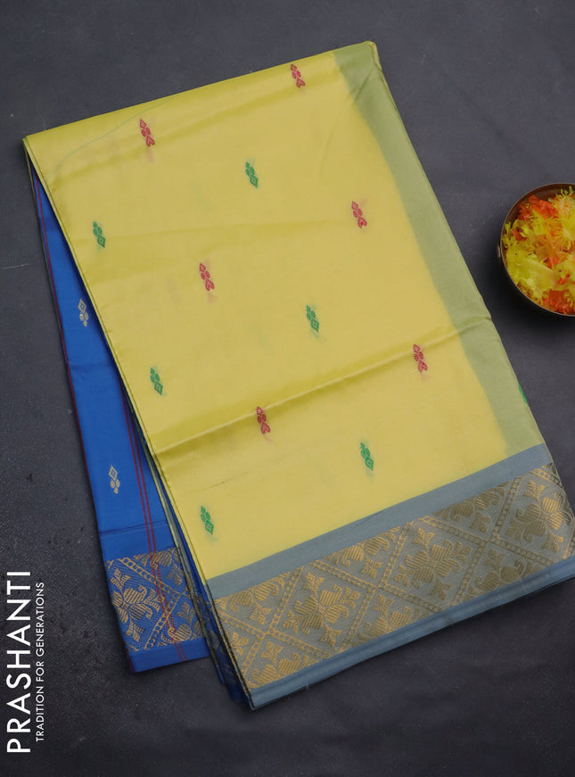 Banana pith saree pale yellow and cs blue with thread woven buttas and zari woven border