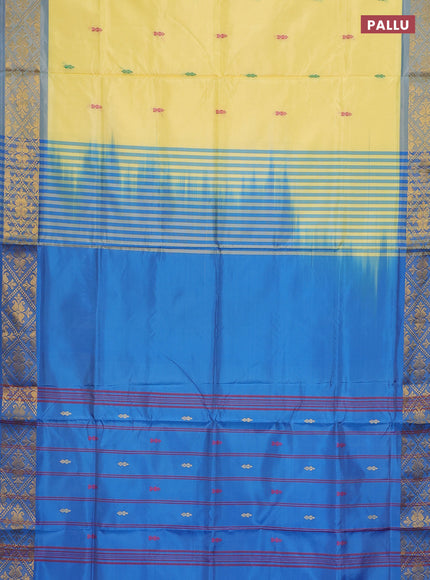 Banana pith saree pale yellow and cs blue with thread woven buttas and zari woven border