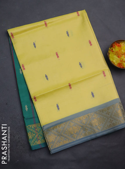 Banana pith saree pale yellow and green with thread woven buttas and zari woven border