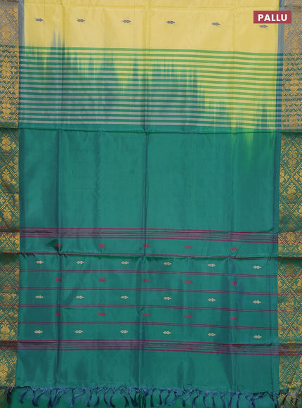 Banana pith saree pale yellow and green with thread woven buttas and zari woven border