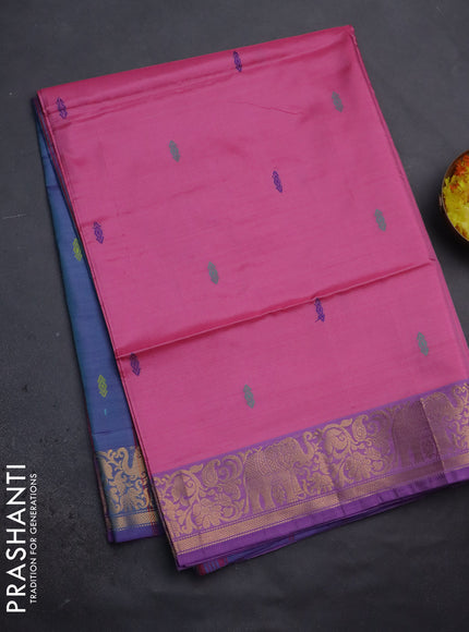 Banana pith saree light pink and dual shade of bluish green with thread woven buttas and zari woven border