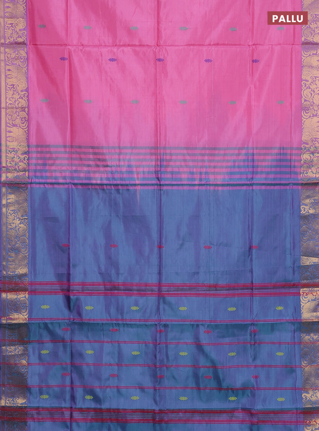 Banana pith saree light pink and dual shade of bluish green with thread woven buttas and zari woven border