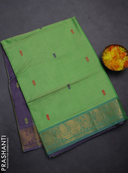 Banana pith saree light green and wine shade with thread woven buttas and zari woven border