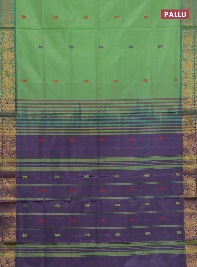 Banana pith saree light green and wine shade with thread woven buttas and zari woven border